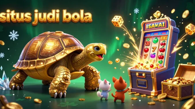 Experience the excitement of situs judi bola with a vibrant slot machine scene and animated characters.