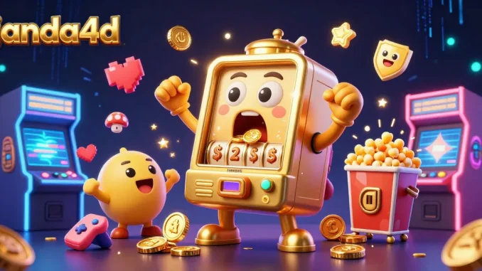 janda4d slot mesin emas yang terkejut saat jackpot dengan koin berjatuhan, dalam suasana kasino ceria
