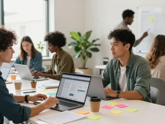 Engaging workspace at https://www.startsomethingpc.com with entrepreneurs brainstorming business strategies in a creative environment.