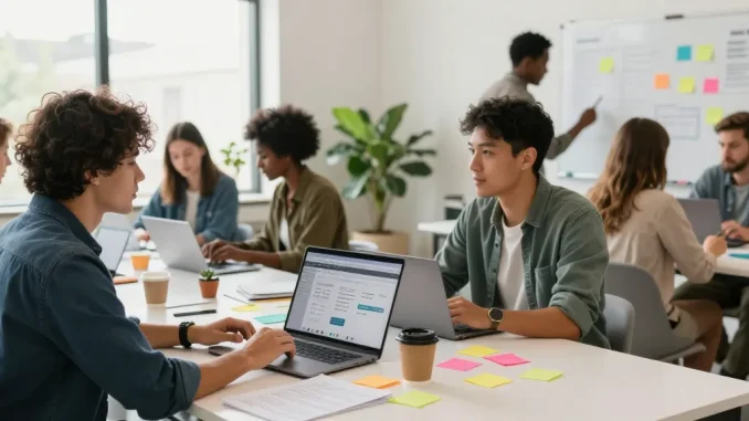 Engaging workspace at https://www.startsomethingpc.com with entrepreneurs brainstorming business strategies in a creative environment.