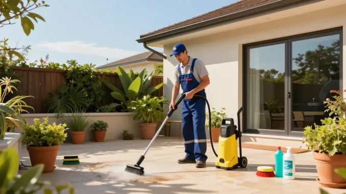 Professionelle Terrassenreinigung Dortmund mit Hochdruckreiniger und umweltfreundlichen Reinigungsmitteln