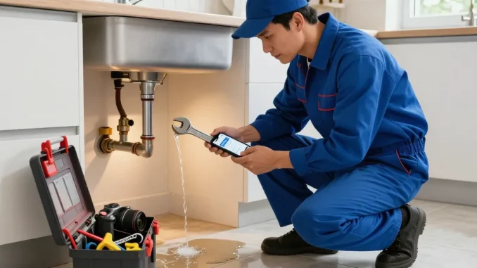 This page highlights an experienced plumber addressing urgent plumbing issues in a modern kitchen.