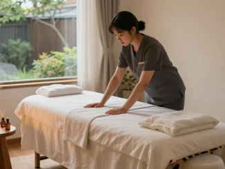 Discover the soothing 서울출장마사지 experience in a calming home setting with a professional therapist preparing a serene environment.