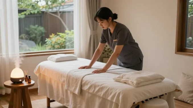 Discover the soothing 서울출장마사지 experience in a calming home setting with a professional therapist preparing a serene environment.