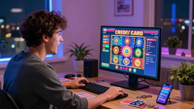 Player enjoying the newest credit card casinos with vibrant graphics and gaming atmosphere at home