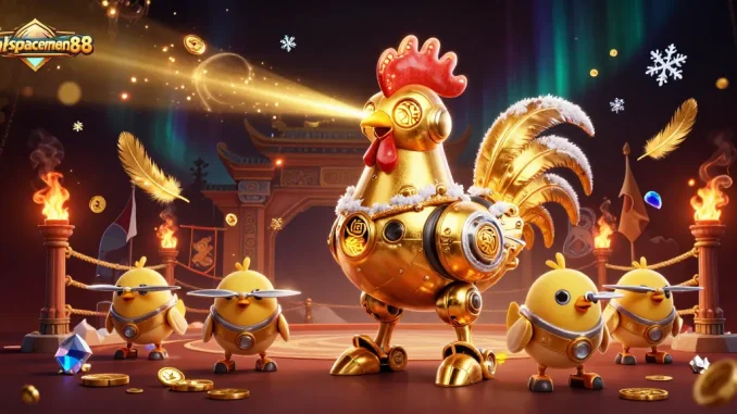 Engage with the thrilling link spaceman88, featuring a dynamic 3D illustration of a golden rooster robot in a high-stakes gambling arena.