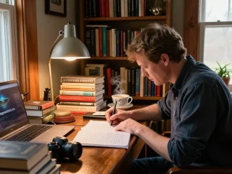Writer T Allen Greenfield at desk with books, sharing insights at https://tallengreenfield.com in a cozy library