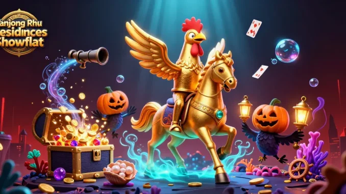 Tanjong Rhu Residences Showflat features a vibrant scene with a golden rooster and companions in a casino.