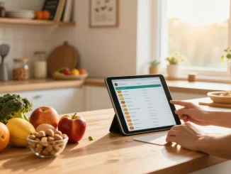 Health-conscious individual logging details in the best food tracker while preparing a nutritious meal.