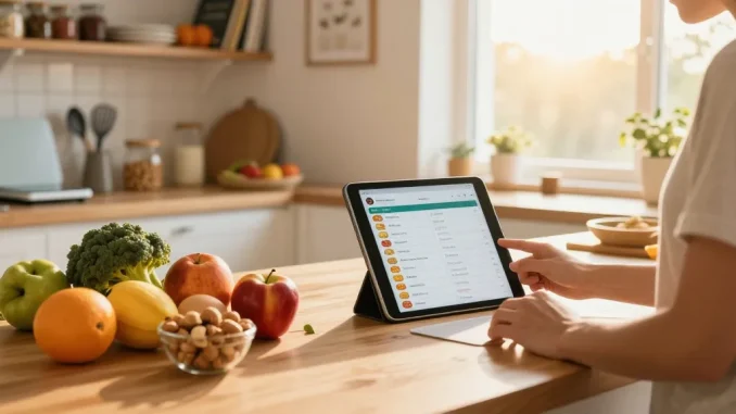 Health-conscious individual logging details in the best food tracker while preparing a nutritious meal.