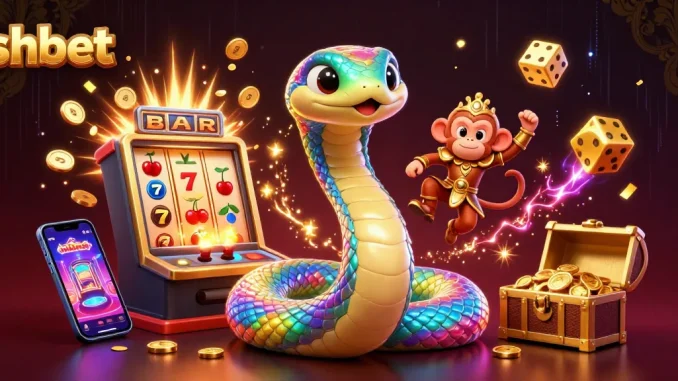 Experience the excitement of shbet with a vibrant scene of a jackpot explosion, rainbow serpent, and glowing treasures.