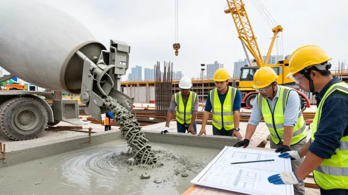 Workers collaborating on NAGA2000 concrete project, showcasing heavy machinery and safety protocols