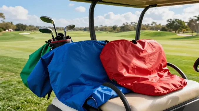 Golf cart seat covers being installed on a sunny day at a golf course, with colorful options nearby.