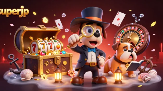 Join the adventure with superjp as a detective uncovers poker treasures in this vibrant casino scene.