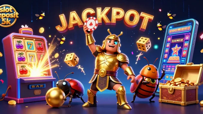 Spin to win big with slot deposit 5k as a heroic beetle celebrates jackpot victory among casino treasures!