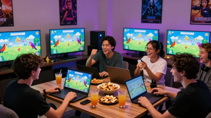 ROKOK88 virtual bird-catching game night with friends enjoying casual gaming fun.